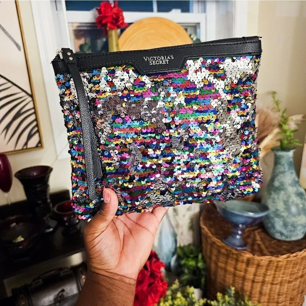 New Victoria Secret Large Sequins Faux Leather  Makeup Clutch.